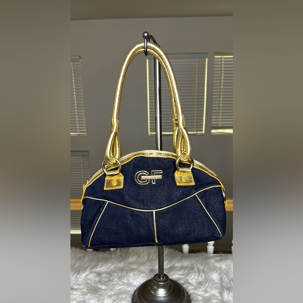 RARE- Gianfranco Ferre Gold Leather Dark Navy Denim Shoulder Bag - NEW